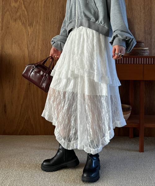 efill（エフィル）の「フレンチスタイルの ミディアム ロング ドレス レース スカート（スカート・レディース・ホワイト/ブラック・FREE）」の3枚目の写真