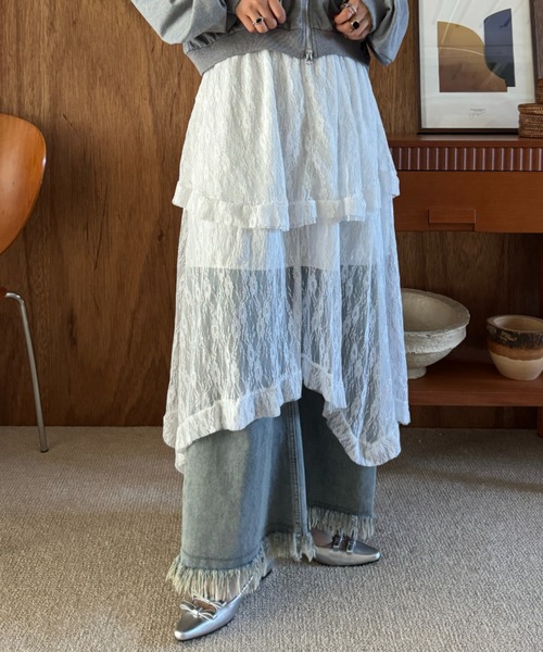 efill（エフィル）の「フレンチスタイルの ミディアム ロング ドレス レース スカート（スカート・レディース・ホワイト/ブラック・FREE）」の8枚目の写真