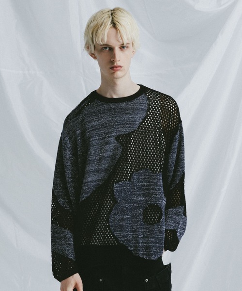 BLAYMORE(ブレイモア)の「【BLAYMORE】Butterfly Flower Glitter Knit / メッシュニット ラメ糸混紡(ニット/セーター・メンズ・ブラック/ライトブルー・S/M)」の1枚目の写真