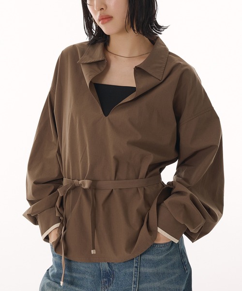 新品タグ付き　ETTE SKIPPER ブラウス　ブラウン MUHET（ミュエータ）の「skipper collar blouse / スキッパーシャツ