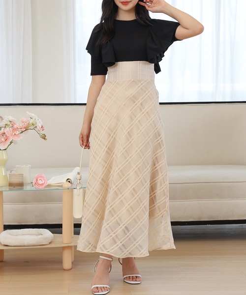 Lace Ladies(レースレディース)の「ショルダー フリル シアー チェック ドッキング ワンピース(ワンピース・レディース・ブラック/ベージュ/ラベンダー・FREE/S)」の3枚目の写真