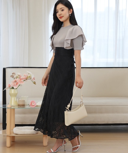 Lace Ladies(レースレディース)の「ショルダー フリル シアー チェック ドッキング ワンピース(ワンピース・レディース・ブラック/ベージュ/ラベンダー・FREE/S)」の4枚目の写真