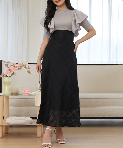 Lace Ladies(レースレディース)の「ショルダー フリル シアー チェック ドッキング ワンピース(ワンピース・レディース・ブラック/ベージュ/ラベンダー・FREE/S)」の5枚目の写真