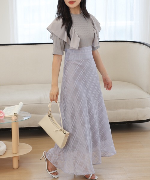 Lace Ladies(レースレディース)の「ショルダー フリル シアー チェック ドッキング ワンピース(ワンピース・レディース・ブラック/ベージュ/ラベンダー・FREE/S)」の14枚目の写真