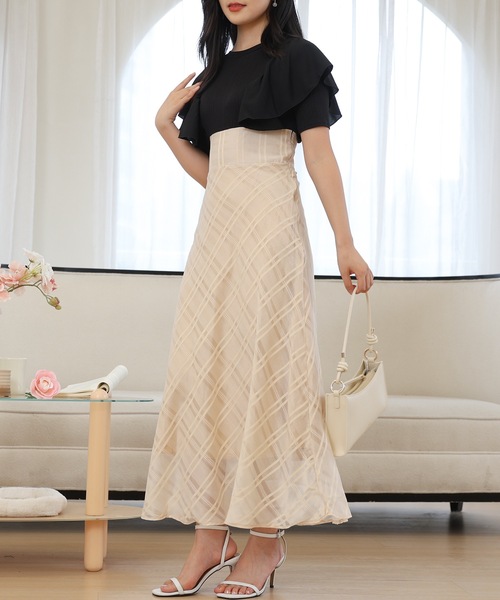 Lace Ladies(レースレディース)の「ショルダー フリル シアー チェック ドッキング ワンピース(ワンピース・レディース・ブラック/ベージュ/ラベンダー・FREE/S)」の7枚目の写真