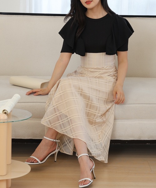 Lace Ladies(レースレディース)の「ショルダー フリル シアー チェック ドッキング ワンピース(ワンピース・レディース・ブラック/ベージュ/ラベンダー・FREE/S)」の8枚目の写真