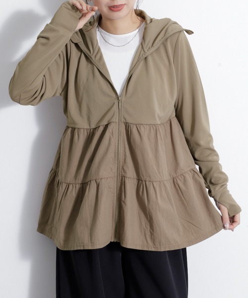 UNDOVE(アンドゥーブ)の「〈UNDOVE〉【はっ水/ストレッチ/UV対策/接触冷感/アウトドア/普段着/水際アイテム/レジャー/日焼け対策/日差し対策/UV対策/フード付き/サムホール付き/指穴/顔まで紫外線を守る】水際&UV異素材切替はっ水パーカー(パーカー・レディース・モカ/ライトブルー・LARGE/X-LARGE/MEDIUM)」の6枚目の写真