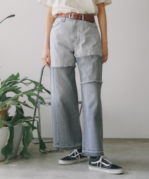 Wrangler(ラングラー)の「Wrangler/ラングラー WREMAKE WIDE リメイクワイドデニム 切り替えデザイン パッチワークデザイン アシンメトリ― 2026年 夏 夏服(デニムパンツ・レディース・ブルー/ブラック・L/M/S/XS)」の3枚目の写真