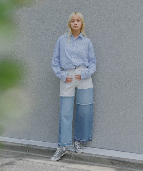 Wrangler(ラングラー)の「Wrangler/ラングラー WREMAKE WIDE リメイクワイドデニム 切り替えデザイン パッチワークデザイン アシンメトリ― 2026年 夏 夏服(デニムパンツ・レディース・ブルー/ブラック・L/M/S/XS)」の15枚目の写真