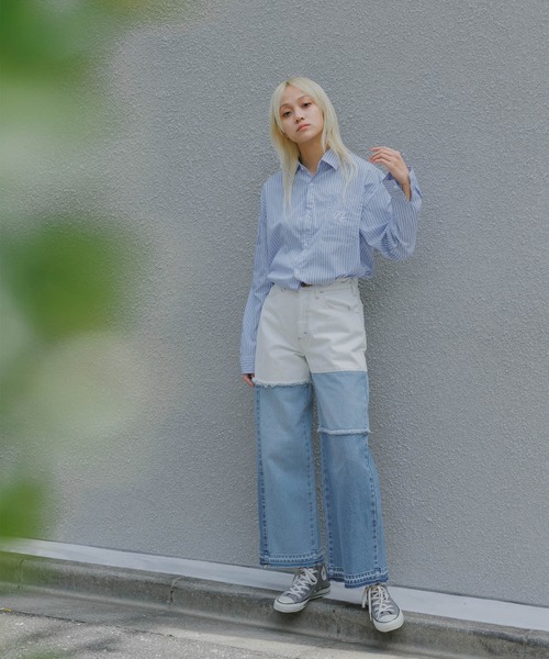 Wrangler(ラングラー)の「Wrangler/ラングラー WREMAKE WIDE リメイクワイドデニム 切り替えデザイン パッチワークデザイン アシンメトリ― 2026年 夏 夏服(デニムパンツ・レディース・ブルー/ブラック・L/M/S/XS)」の16枚目の写真