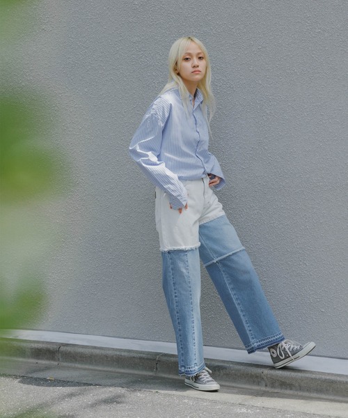 Wrangler(ラングラー)の「Wrangler/ラングラー WREMAKE WIDE リメイクワイドデニム 切り替えデザイン パッチワークデザイン アシンメトリ― 2026年 夏 夏服(デニムパンツ・レディース・ブルー/ブラック・L/M/S/XS)」の18枚目の写真