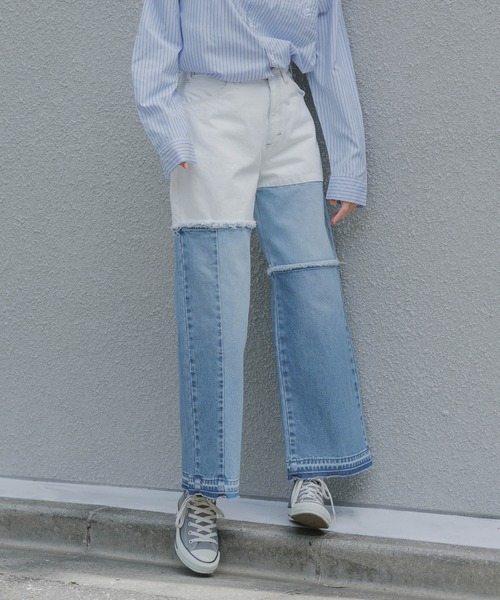 Wrangler(ラングラー)の「Wrangler/ラングラー WREMAKE WIDE リメイクワイドデニム 切り替えデザイン パッチワークデザイン アシンメトリ― 2026年 夏 夏服(デニムパンツ・レディース・ブルー/ブラック・L/M/S/XS)」の13枚目の写真