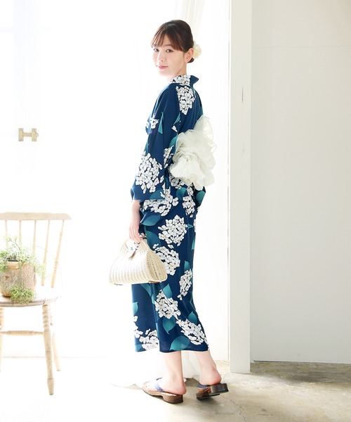 kimonomachi（キモノマチ）の「【完売】レディース　ワンピース 浴衣 セット 浴衣　簡単　レディース 吸水速乾 ポリエステル浴衣 浴衣2点セット（OP浴衣＋しわ兵児帯）「アジサイ・ダリア 4柄」Fサイズ セパレート浴衣　KIMONOMACHI オリジナル（浴衣・レディース・セージグリーン/ダークネイビー/グレイッシュブルー/ネイビー・FREE）」の6枚目の写真
