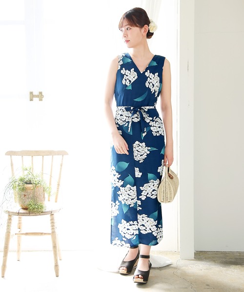 kimonomachi（キモノマチ）の「【完売】レディース　ワンピース 浴衣 セット 浴衣　簡単　レディース 吸水速乾 ポリエステル浴衣 浴衣2点セット（OP浴衣＋しわ兵児帯）「アジサイ・ダリア 4柄」Fサイズ セパレート浴衣　KIMONOMACHI オリジナル（浴衣・レディース・セージグリーン/ダークネイビー/グレイッシュブルー/ネイビー・FREE）」の8枚目の写真