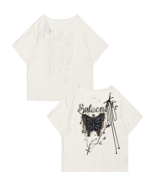 HOOK(フック)の「ダメージバタフライTシャツ (SS)(Tシャツ/カットソー・レディース・ダークグレー/ライトベージュ・SMALL/MEDIUM)」の2枚目の写真