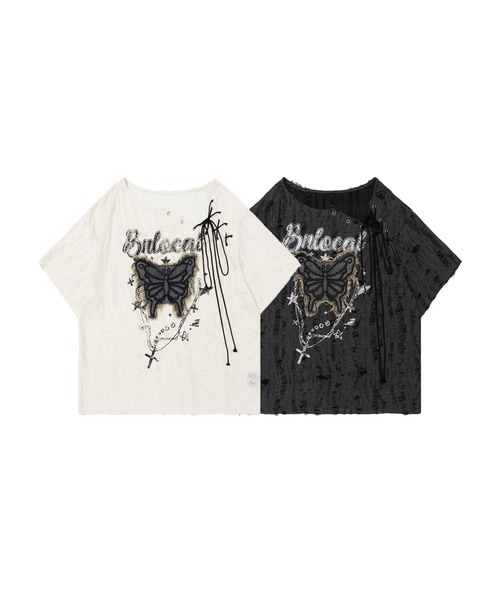 HOOK(フック)の「ダメージバタフライTシャツ (SS)(Tシャツ/カットソー・レディース・ダークグレー/ライトベージュ・SMALL/MEDIUM)」の3枚目の写真