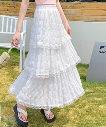 レディース 程よい透け感の3段フレアレースフレアスカート