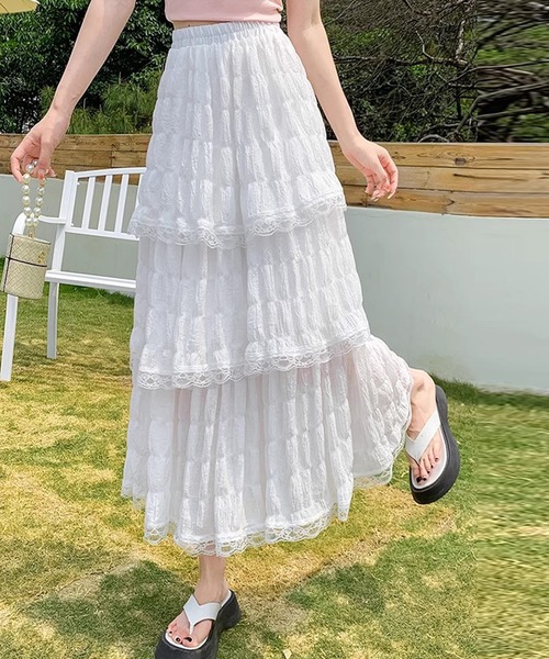 DAY CLOSET（デイ クローゼット）の「レディース 程よい透け感の3段フレアレースフレアスカート（スカート・レディース・ホワイト/ブラック・FREE）」の10枚目の写真