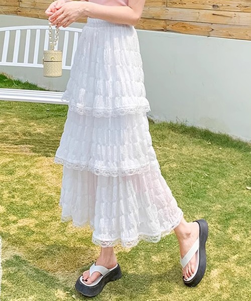 DAY CLOSET（デイ クローゼット）の「レディース 程よい透け感の3段フレアレースフレアスカート（スカート・レディース・ホワイト/ブラック・FREE）」の9枚目の写真