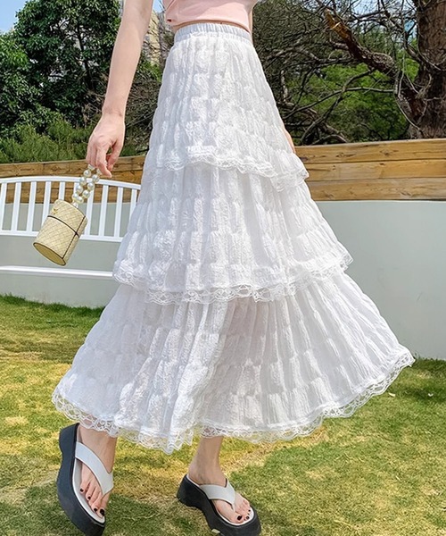セール】レディース 程よい透け感の3段フレアレースフレアスカート