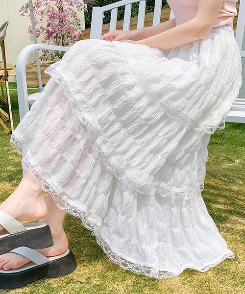 DAY CLOSET（デイ クローゼット）の「レディース 程よい透け感の3段フレアレースフレアスカート（スカート・レディース・ホワイト/ブラック・FREE）」の6枚目の写真