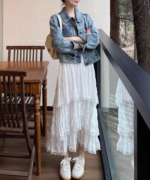 セール】レディース 程よい透け感の3段フレアレースフレアスカート