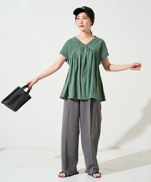 セール】限定展開 ピグメント 加工 シャーリング Vネック トップス（T