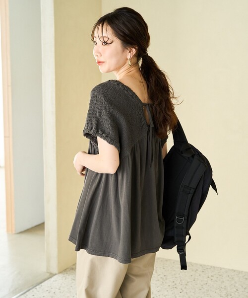 セール】限定展開 ピグメント 加工 シャーリング Vネック トップス（T