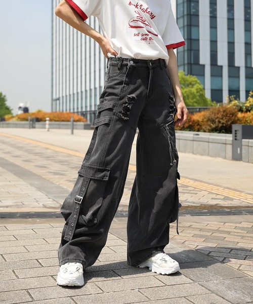 セール】【HOOK】ストラップベルトカーゴデニムパンツ（デニムパンツ