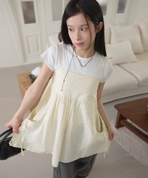 【ストリングで体系に合わせて長さ調節可能,リボン演出可能】ミューズフラワーポケットシャーリングバルーンビスチェレイヤードキャミソールワンピース