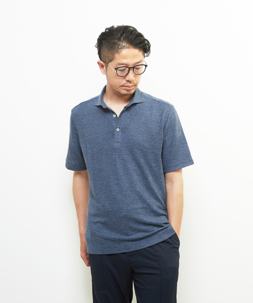 MEN'S MELROSE(メンズメルローズ)の「リンクスストライプ 半袖ホリゾンタルカラーポロシャツ(ポロシャツ・メンズ・ブラウン/ネイビー/ブラック/グレー・2/3/5/4)」の8枚目の写真