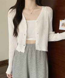 LAFFMO（ラフモ）の「Vネックランダムストライプ透かし編みニットカーディガン（カーディガン/ボレロ）」