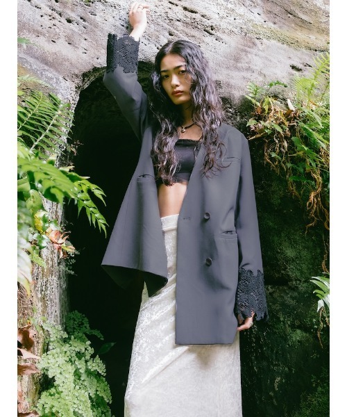 sahara(サハラ)の「Lace Cuff Over Jacket /レースカフオーバージャケット(ノーカラージャケット・レディース・ブラック/グレー・FREE)」の20枚目の写真