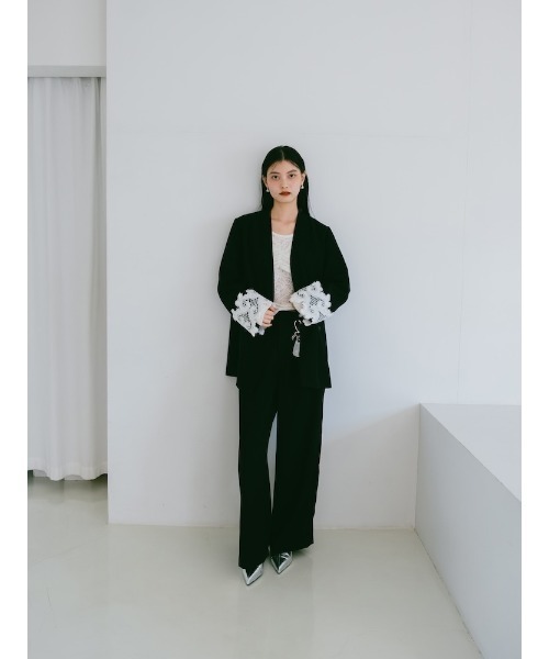 sahara(サハラ)の「Lace Cuff Over Jacket /レースカフオーバージャケット(ノーカラージャケット・レディース・ブラック/グレー・FREE)」の9枚目の写真