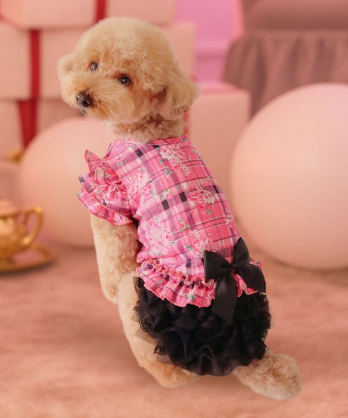 ♡ひなひな♡様❤さくら♡ピンク♡4段ティアード♡ハンドメイド犬服♡ 花柄×ピンクチェック柄フリフリTシャツ姫ギャル犬服（ペットウェア