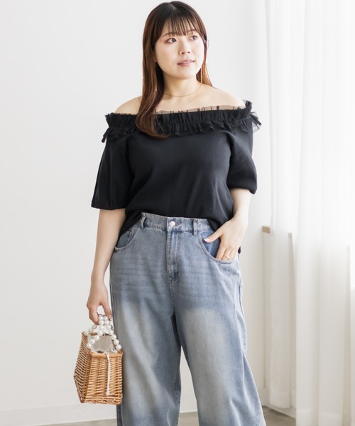 CLETTE(クレット)の「チュール使いオフショルプルオーバー(Tシャツ/カットソー・レディース・ブラック/アイボリー/ネイビー・4L/3L/LL)」の9枚目の写真
