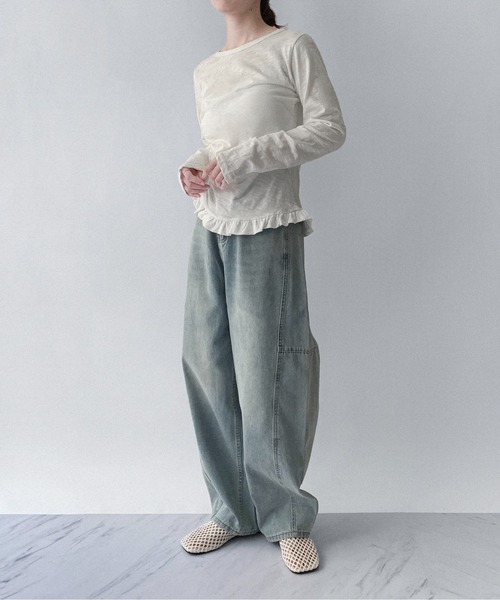 on:nue（オンニュ）の「【on:nue】[お気に入り登録数7,000突破！][着用動画あり！] ギャザーフリルヘムトップス（Tシャツ/カットソー・レディース・ピンク/ホワイト/ネイビー/ブルー・FREE）」の8枚目の写真