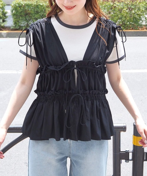 セール】リボン使いギャザーブラウス（シャツ/ブラウス）｜tiptop