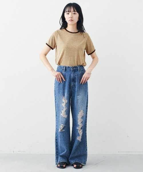 MEDE19F（メデジュウキュウ）の「ＢＲＡＮＤ　ＮＥＷ　ＭＩＸ　ＳＴＹＬＥ　つぶつぶネップ風生地のジェラートカラーリンガーＴシャツ（Tシャツ/カットソー・レディース・ブラック系その他/ベージュ系その他/ブルー系その他・3L/LL/L/M/S）」の14枚目の写真