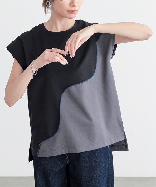n'OrLABEL(ノアールレーベル)の「【接触冷感】ウェーブ配色切替ポンチカットソー(Tシャツ/カットソー・レディース・ブラック/カーキ・1/2)」の3枚目の写真