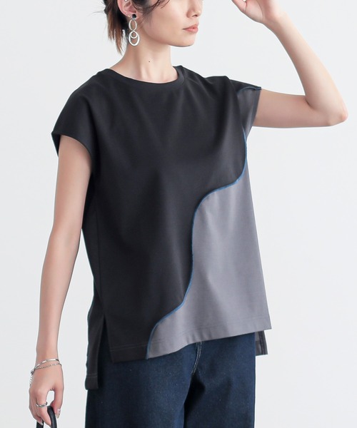 n'OrLABEL(ノアールレーベル)の「【接触冷感】ウェーブ配色切替ポンチカットソー(Tシャツ/カットソー・レディース・ブラック/カーキ・1/2)」の4枚目の写真