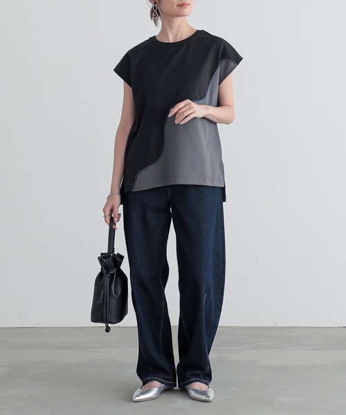 n'OrLABEL(ノアールレーベル)の「【接触冷感】ウェーブ配色切替ポンチカットソー(Tシャツ/カットソー・レディース・ブラック/カーキ・1/2)」の6枚目の写真