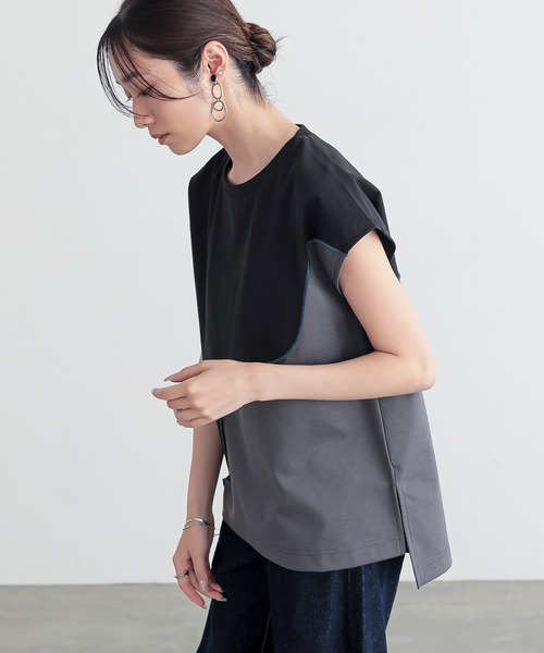 n'OrLABEL(ノアールレーベル)の「【接触冷感】ウェーブ配色切替ポンチカットソー(Tシャツ/カットソー・レディース・ブラック/カーキ・1/2)」の5枚目の写真