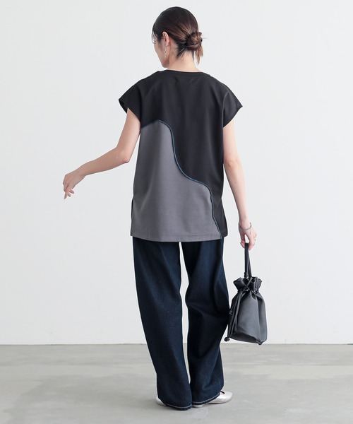 n'OrLABEL(ノアールレーベル)の「【接触冷感】ウェーブ配色切替ポンチカットソー(Tシャツ/カットソー・レディース・ブラック/カーキ・1/2)」の7枚目の写真