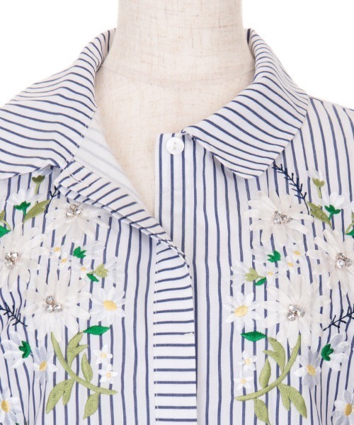 ストライプフラワー刺繍シャツ ワンピース ANAYI｜ストライプフラワー刺繍シャツ ワンピース | Rakuten Fashion