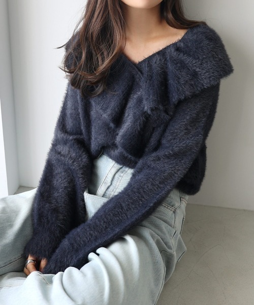 andme(アンドミー)の「シャギー起毛クロスフリルニットトップス(ニット/セーター・レディース・ネイビー/ベージュ/ブルー/アイボリー・M)」の3枚目の写真