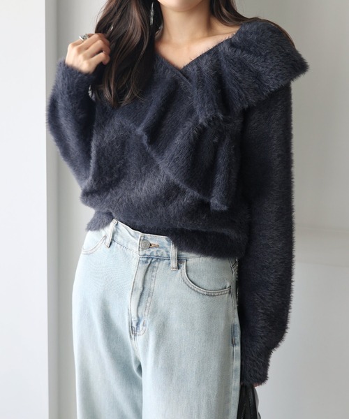 andme(アンドミー)の「シャギー起毛クロスフリルニットトップス(ニット/セーター・レディース・ネイビー/ベージュ/ブルー/アイボリー・M)」の11枚目の写真