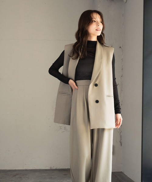 LOWO（ロワ）の「【3点セット】パンツドレス オケージョン 結婚式 セットアップ セパレート フォーマル パーティードレス パンツスタイル ジレ シアーインナー パンツ 成人式 二次会 同窓会 セレモニー オケージョンドレス お呼ばれ ビジネス オフィス 七五三（パンツドレス・レディース・ネイビー/ブラック×ベージュ/ベージュ×ブラック/グレイッシュベージュ・FREE/M/L/2L/S）」の14枚目の写真
