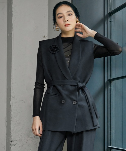LOWO（ロワ）の「【3点セット】パンツドレス オケージョン 結婚式 セットアップ セパレート フォーマル パーティードレス パンツスタイル ジレ シアーインナー パンツ 成人式 二次会 同窓会 セレモニー オケージョンドレス お呼ばれ ビジネス オフィス 七五三（パンツドレス・レディース・ネイビー/ブラック×ベージュ/ベージュ×ブラック/グレイッシュベージュ・FREE/M/L/2L/S）」の19枚目の写真
