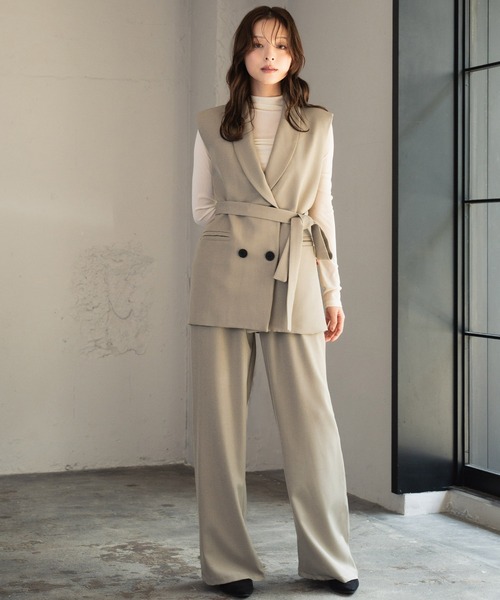 LOWO（ロワ）の「【3点セット】パンツドレス オケージョン 結婚式 セットアップ セパレート フォーマル パーティードレス パンツスタイル ジレ シアーインナー パンツ 成人式 二次会 同窓会 セレモニー オケージョンドレス お呼ばれ ビジネス オフィス 七五三（パンツドレス・レディース・ネイビー/ブラック×ベージュ/ベージュ×ブラック/グレイッシュベージュ・FREE/M/L/2L/S）」の21枚目の写真